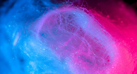 Abstract, highly textured cotton candy or wool fibers illuminated dramatically by vibrant neon blue and magenta (pink) lighting, creating a high-energy, glowing texture