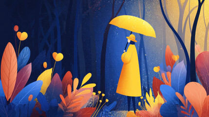 Woman with a Yellow Umbrella in a Magical Forest