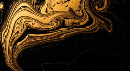 Abstract, highly luxurious texture of black and flowing molten gold liquid or paint, creating a swirling marbled pattern, ideal for high-end design, finance, or wealth concepts