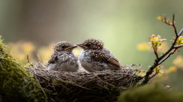 Two fledgling birds snuggle close in a nest, with soft feathers and a natural, blurred backdrop