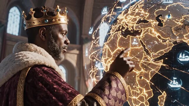 African king in ornate robe and crown stands in a palace, commanding a glowing holographic globe with illuminated trade routes and data-driven world network