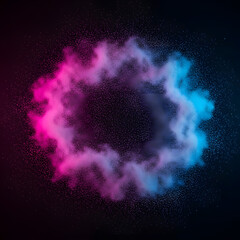 Dynamic explosion of fine powder or dust forming a circular ring shape with vibrant neon pink and cyan/blue gradient lighting, isolated on a dark background