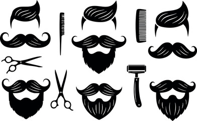 Men’s grooming icons with mustache beard scissors comb razor hair styling tools vector set