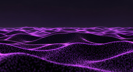 Futuristic 3D visualization of abstract digital data represented by flowing waves of glowing purple particles and lines, symbolizing big data, technology, and sound waves on a dark background