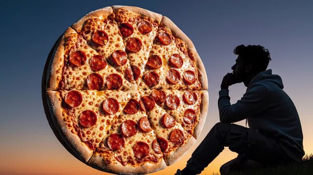 Silhouette of a young person on a grassy hill, gazing at a huge pepperoni pizza levitating against a beautiful orange and blue sky during golden hour, representing desire and craving