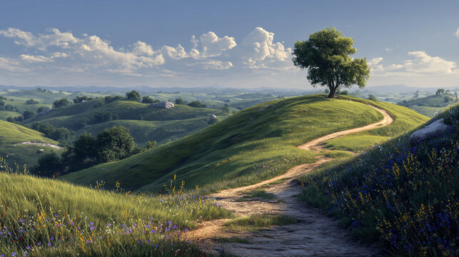 A winding dirt path leading up a grassy hill with a lone tree on top