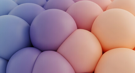 Extreme close-up 3D render of dense, tightly packed spheres in a smooth gradient from cool purple to warm orange/peach, creating an abstract, soft geometric background texture