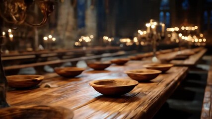 A dimly lit dining hall features long wooden tables, candlelit candelabras, and empty wooden bowls, all creating a warm atmosphere - Powered by Adobe