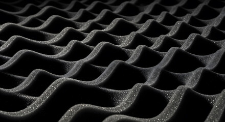 Extreme close-up of dark, undulating, egg-crate shaped acoustic foam or sponge texture, designed for sound absorption, used as a material, industrial, or abstract background