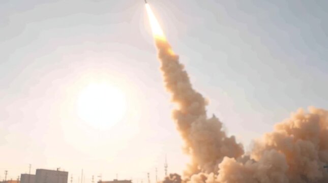 Rocket launch from a test site. Fumes, billow of smoke. Missile