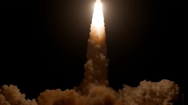 Spacecraft. Spaceship launch at night. Shuttle takeoff. Satellite