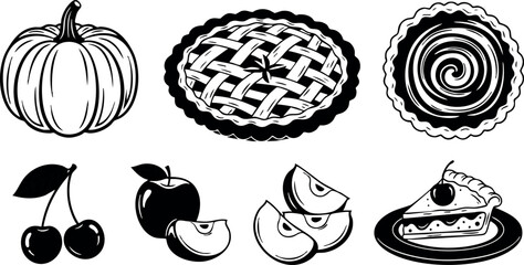 Pumpkin apple cherry pie slices whole fruit black and white vector illustration