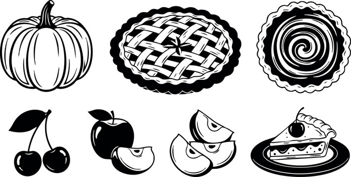 Pumpkin apple cherry pie slices whole fruit black and white vector illustration