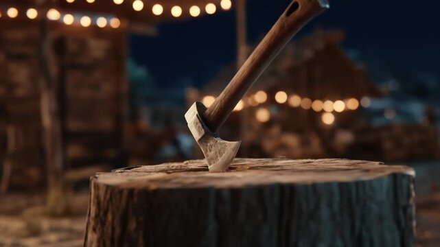 An axe is stuck in a tree stump, with the background blurred and lit by small lights