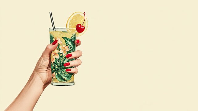 Female hand holding tropical cocktail with lemon slice and cherry on pastel background with copy space