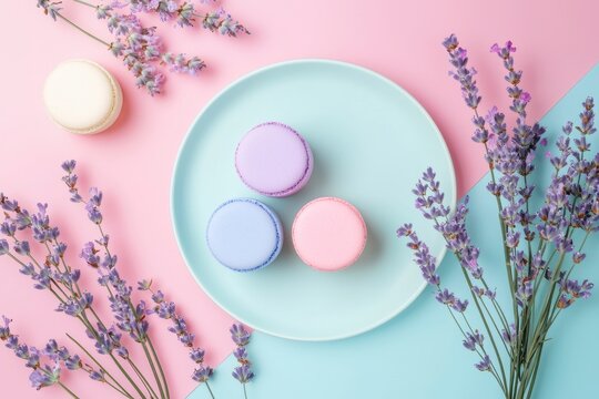 Three colorful macarons arranged on a plate with lavender flowers for decoration