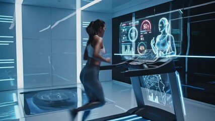 Woman monitoring performance data and receiving guidance from a holographic ai trainer while running on a futuristic smart treadmill in a modern gym setting - Powered by Adobe