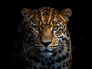 Obraz premium Intense Dramatic Portrait of a Leopard with Piercing Eyes and Detailed Fur Pattern Emerging from Dark Low-Key Lighting