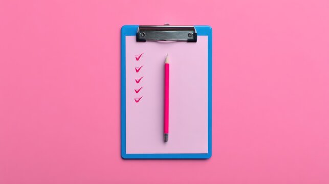 Daily office cleaning routine, A clipboard with a pink pen and checklist on a pink background, symbolizing organization and task management.