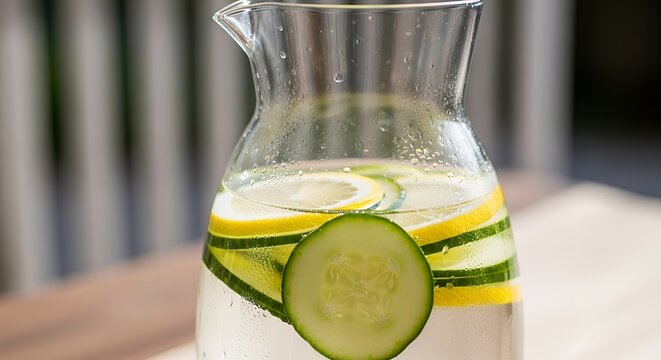 Refreshing Cucumber and Lemon Infused Water in a Pitcher.