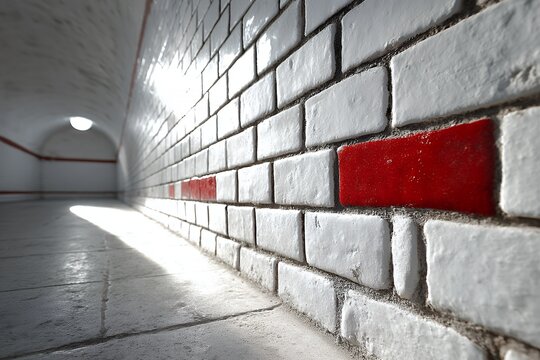 interior hallway with white brick and red accent bricks