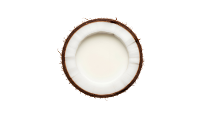 Isolated Top View of a Sliced Coconut Half with White Liquid Filling on a Transparent Background Food Still Life Photography