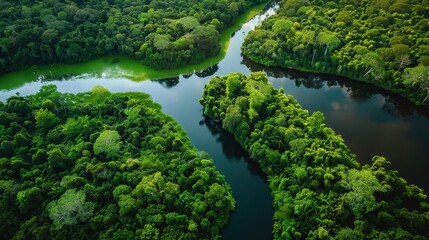 Aerial view of a lush green rainforest with winding rivers. Dense foliage surrounds the water, showcasing the beauty of nature and biodiversity.