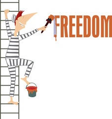 Cartoon prisoner paints a sign freedom