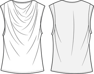 Women's draped neckline sleeveless top technical flat fashion sketch front and back view, elegant clothing design template for apparel designers
