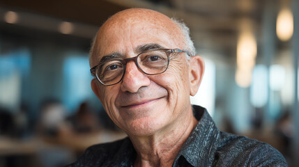 Smiling elderly man wearing glasses in a modern cafe, enjoying social interaction and relaxed atmosphere.