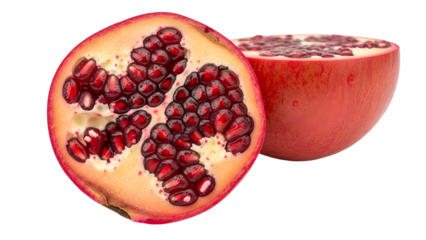 Halved Pomegranate with Red Arils Against a Transparent Background Close Up Studio Shot for Fresh and Juicy Still Life Composition