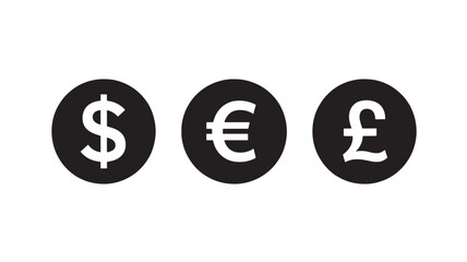 Currency symbol icons dollar euro and pound vector glyphs for financial and business applications isolated on white background
