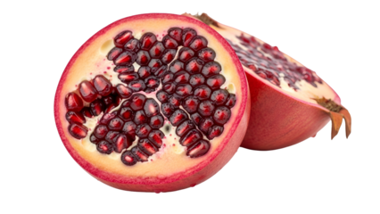 Halved Pomegranate Fruit with Seeds in a Close Up Still Isolated on Transparent Background