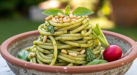 Freshly prepared bucatini pasta with vibrant green pesto sauce, garnished with toasted pine nuts and fresh basil leaves, served in a rustic bowl outdoors.