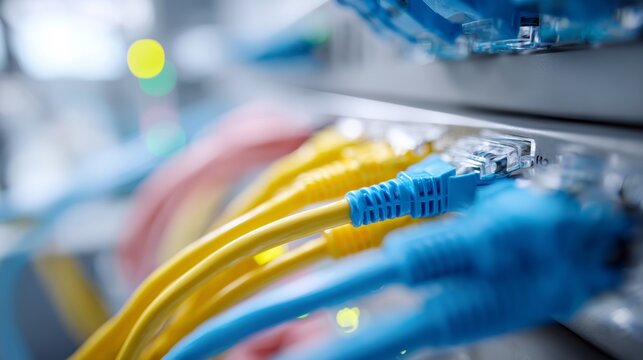 Network cables connected in a server room during a technology setup