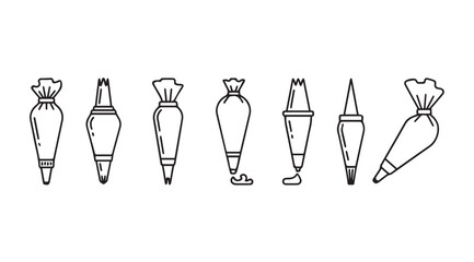 Collection of outlined baking piping bags with various tips silhouette