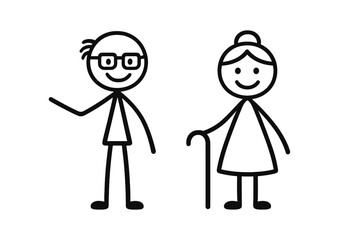 Minimalist black outline of happy senior couple stick figures standing together