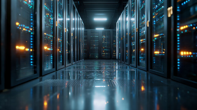 A view down a server room aisle with rows of data storage equipment racks