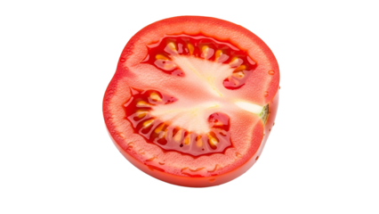 Isolated Half Cut Fresh Red Tomato Detailed Close Up Shot on Transparent Background Ripe Juicy Fruit Showing Seeds Healthy Food Ingredient Vegetarian