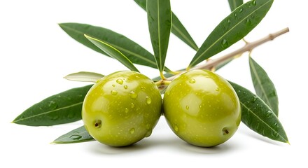 Fresh green olives with leaves close up shot for healthy eating and mediterranean diet
