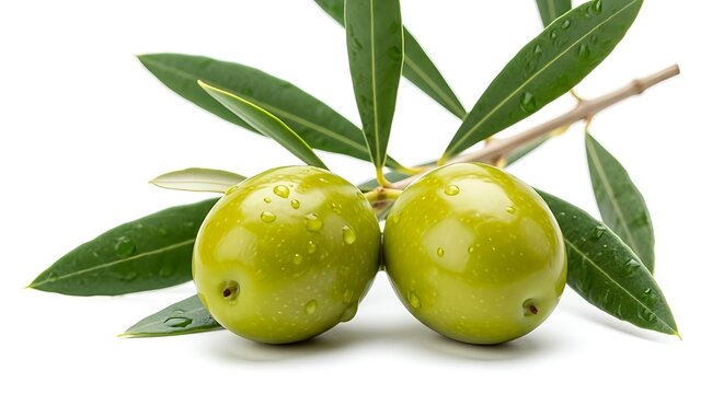 Fresh green olives with leaves close up shot for healthy eating and mediterranean diet