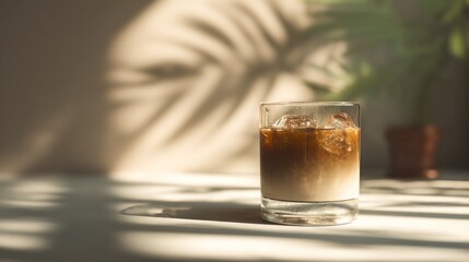 Iced Coffee Beverage with Sunlight Streaming Through Palm Leaf Shadow
