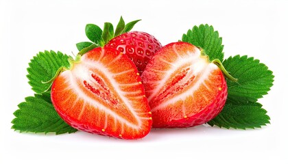 Close Up of Fresh Strawberries and Green Leaves Against a White Background