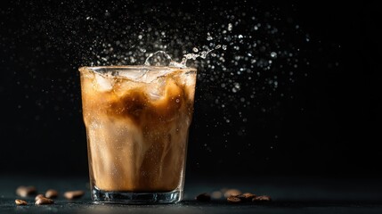 Refreshing Iced Coffee with Splashing Water on a Dark Background Scene