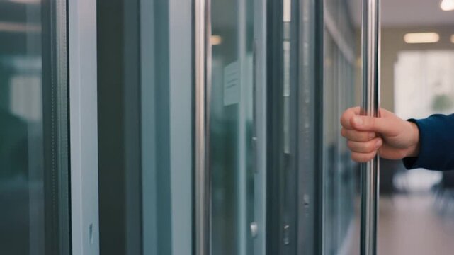 Close-up of Hand Opening and Closing Modern Glass Office Door with Silver Handle