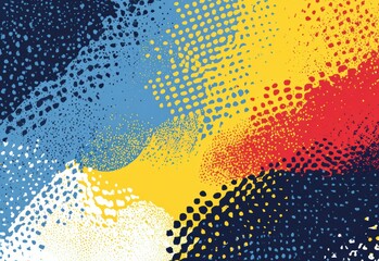 Dynamic abstract background featuring vibrant color fields of red, blue, and yellow spray paint dots and texture, halftone screen print inspired art backdrop