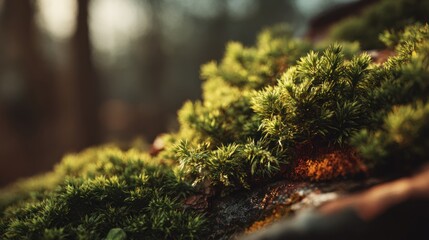 Lush moss detail, close up forest floor with soft focus background effect