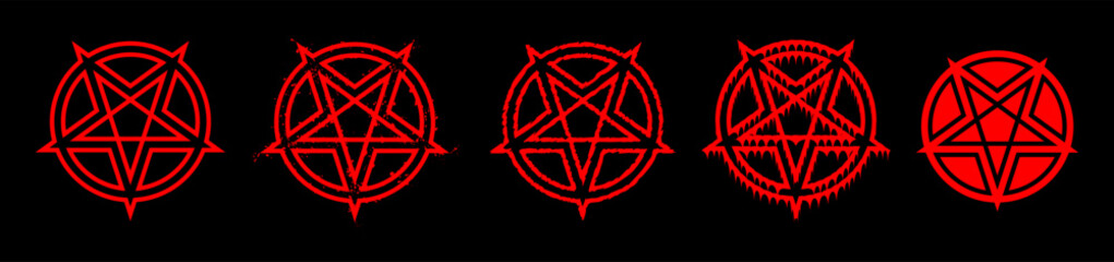 Pentagram ultimate vector pack &ndash; 5 distressed occult symbols. Pentagram set. Splatter bloody pentagram