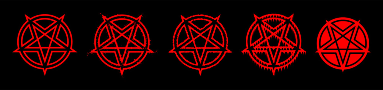 Pentagram ultimate vector pack &ndash; 5 distressed occult symbols. Pentagram set. Splatter bloody pentagram