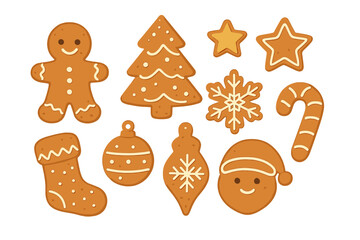 Holiday gingerbread cookies set decorated with white icing, featuring Christmas tree, stocking, and snowflake shapes
